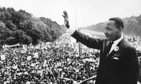 Washington D.C.  — Dr. Martin Luther King Jr. addressing the crowds surrounding Lincoln Memorial during the 1963 March on Washington.