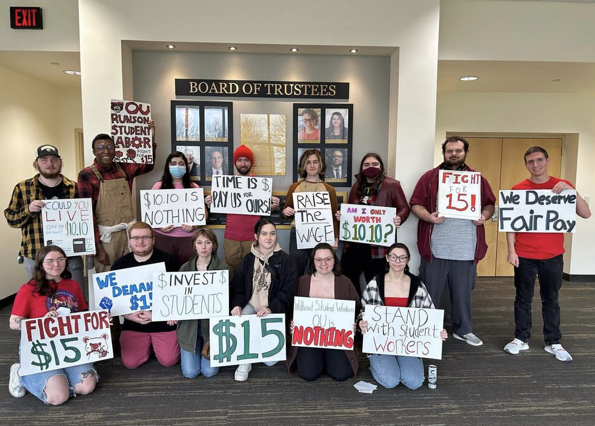 The OU Young Democratic Socialists of America (YDSA) protesting for the wage increase at a recent BOT meeting. 