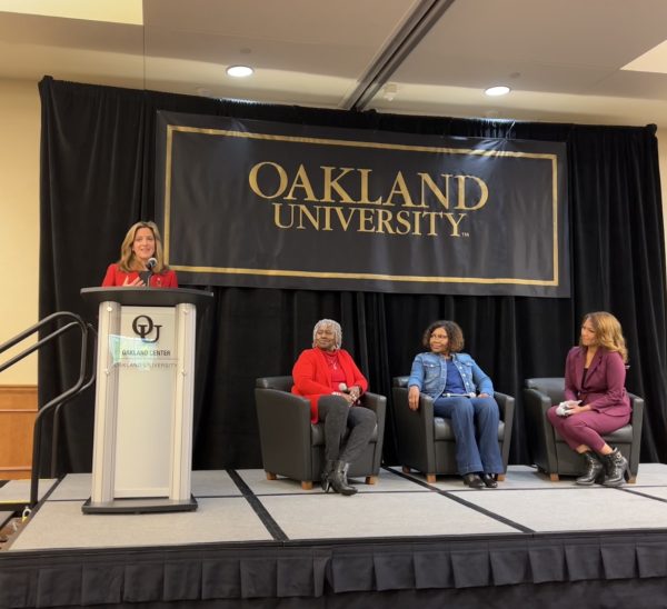 Michigan Secretary of State Jocelyn Benson delivers closing remarks at the OU event on Sept. 19, 2023. 
