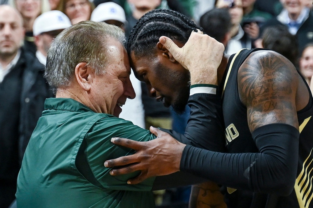 Michigan States head coach Tom Izzo, left, hugs former player and Oaklands Rocket Watts on Monday, Dec. 18, 2023, at the Breslin Center in East Lansing. Photo courtesy of Nick King
