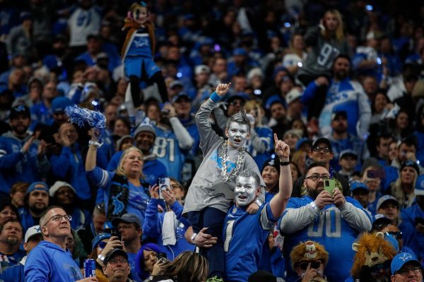 Detroit Lions fans cheer for the Lions against Tampa Bay Buccaneers during the first half of the NFC divisional round at Ford Field in Detroit on Sunday, Jan. 21, 2024. Photo courtesy of Junfu Han