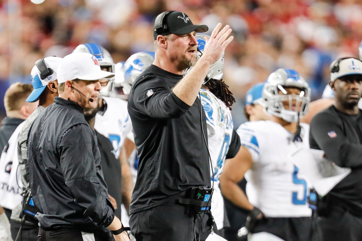 Lions coach Dan Campbell reacts to a play against the 49ers during the second half of the Lions 34-31 loss in the NFC championship game in Santa Clara, California, on Sunday, Jan. 28, 2024. Photo courtesy of Junfu Han 