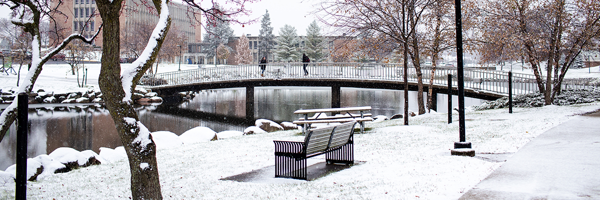 Snow, Winter, Snowing, Campus Beauty, Bear, Lake, Bridge, Sarah Griffith